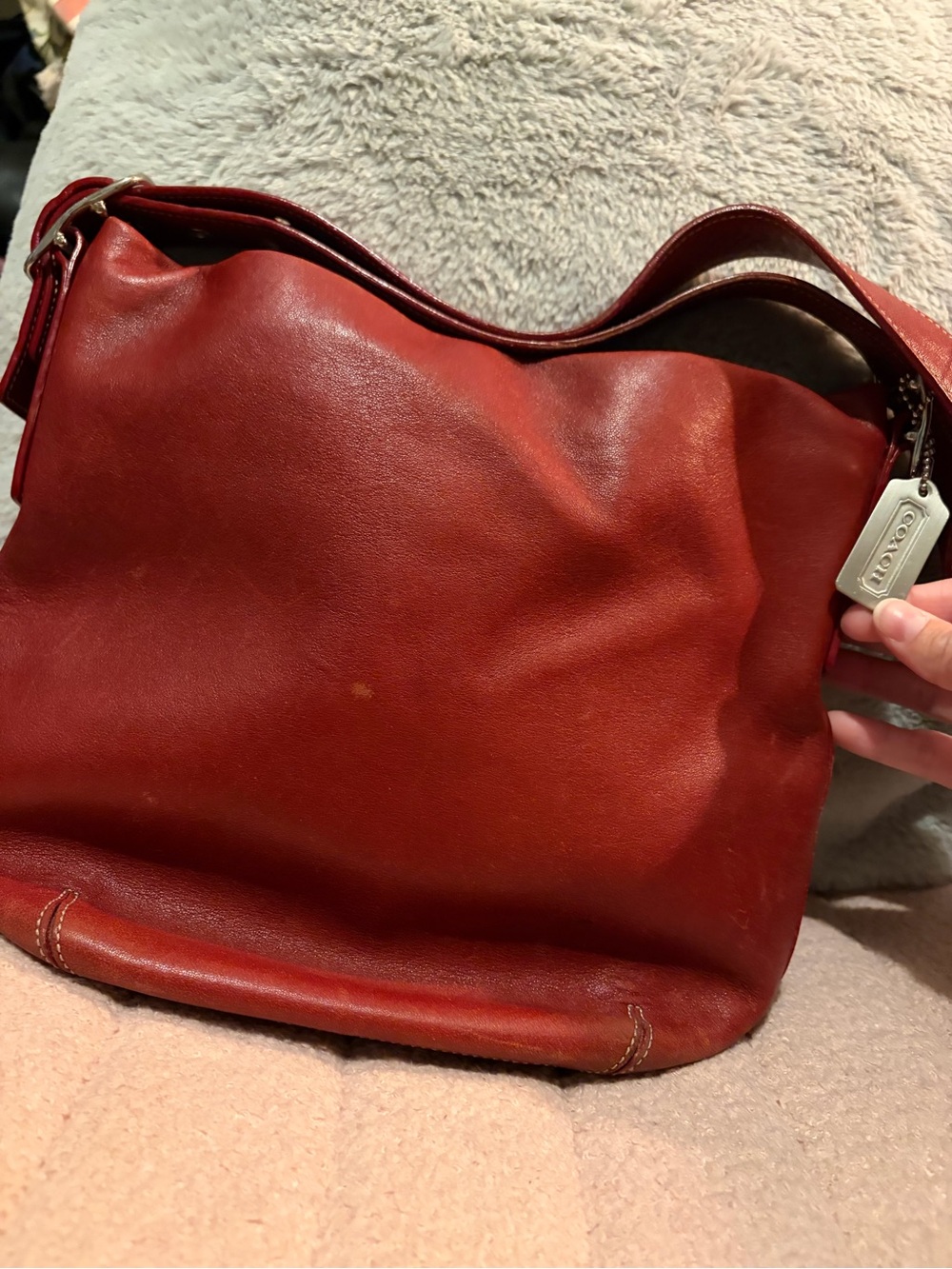 Coach Red Leather Shoulder Hobo with Signature Tag